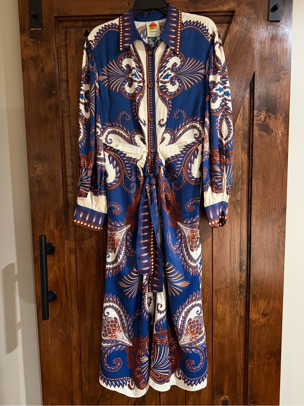 FARM RIO Arabesque Scarf Midi Dress in Blue, Cream and Brown - Picture 7 of 10